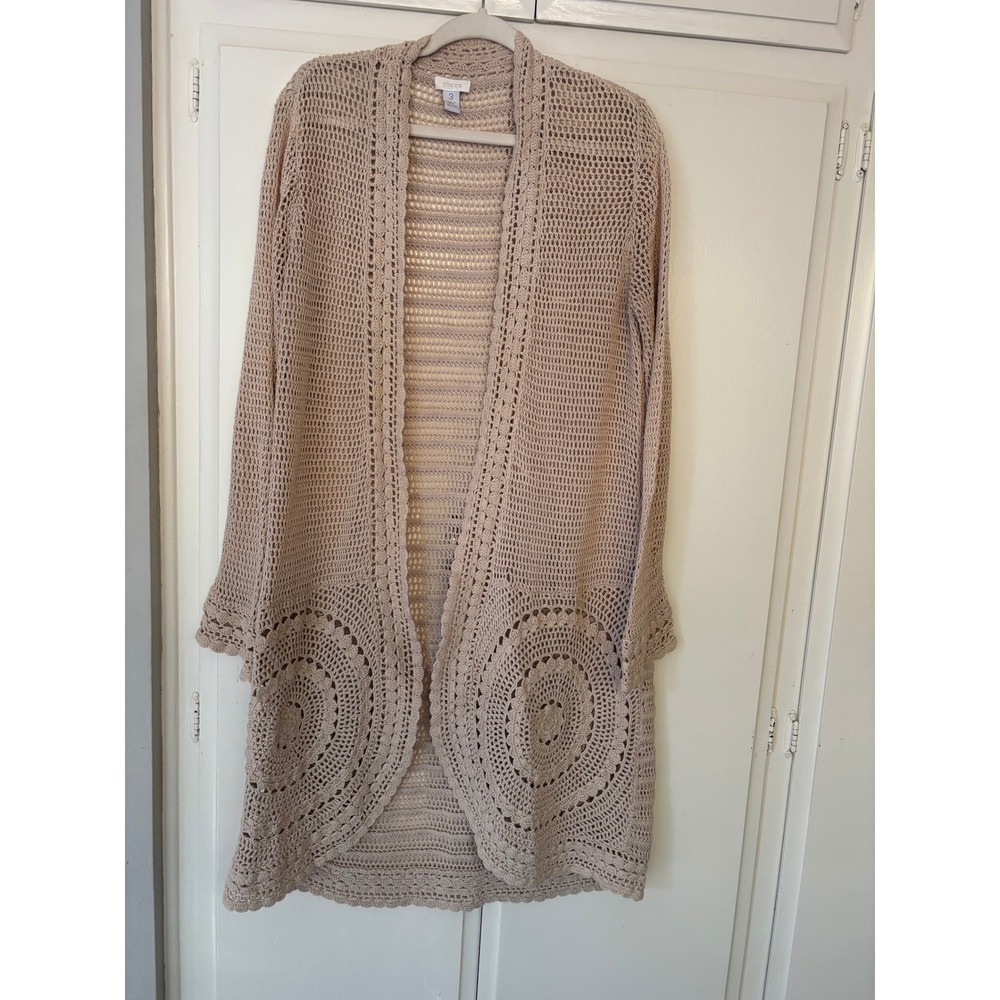Chico's Crochet Longline Cardigan Duster Beige Open Front Medallion Size 3 L XL